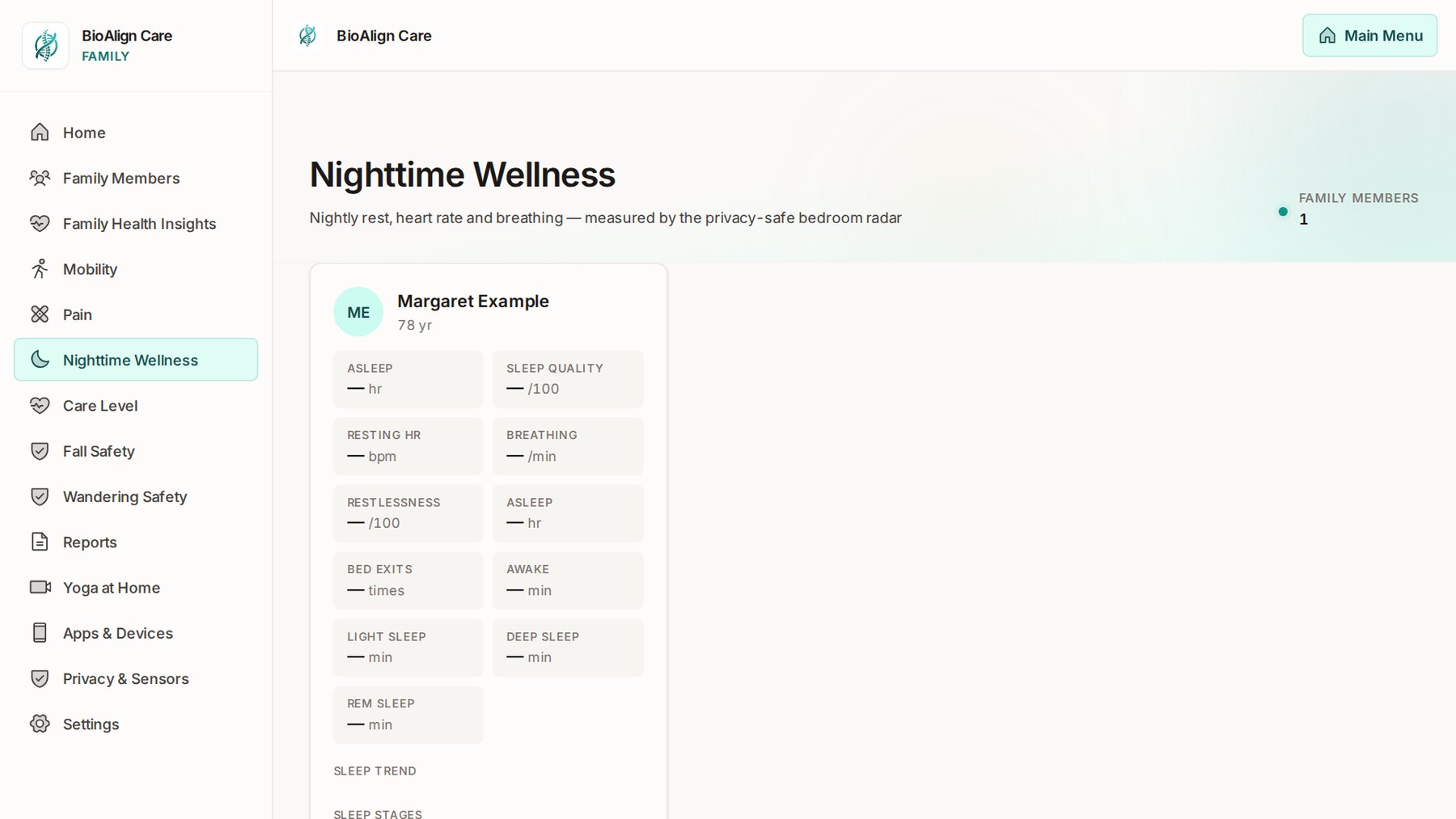 Nighttime Wellness: asleep, sleep quality, resting heart rate, breathing, restlessness, awake time and sleep stages