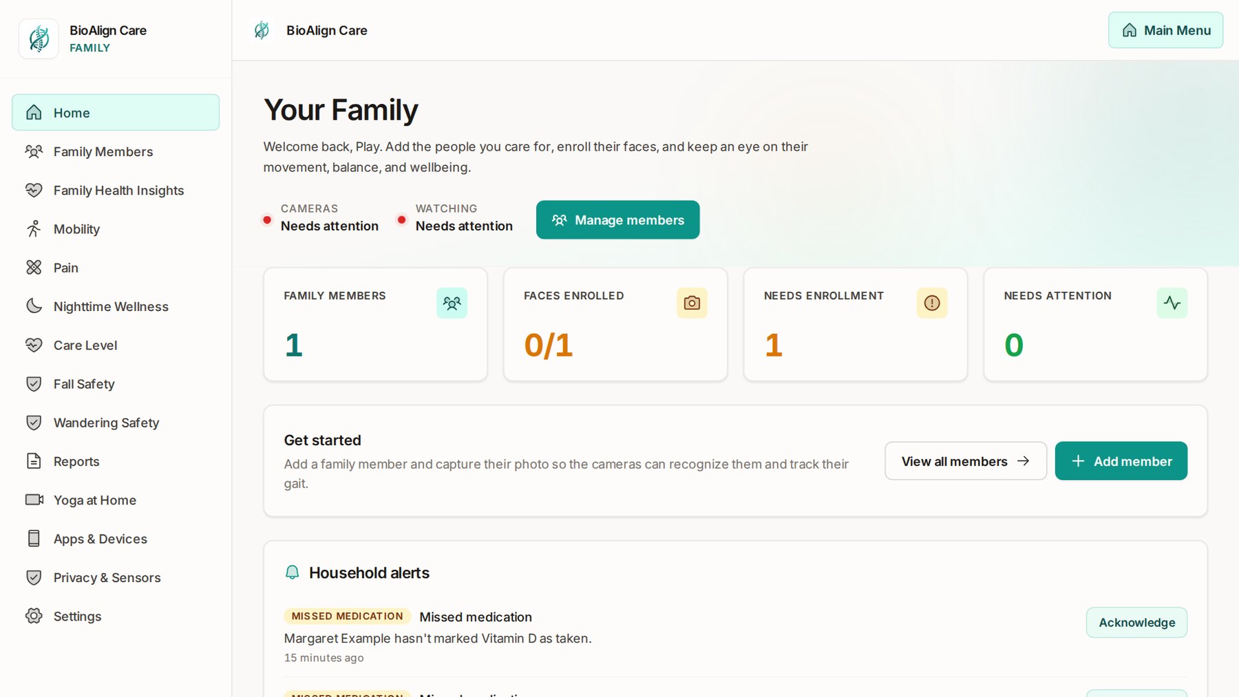 The family home screen: who's watched, faces enrolled, what needs attention and household alerts