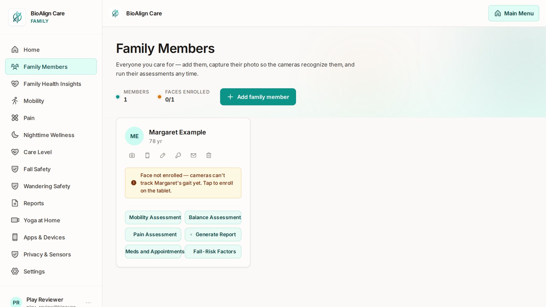 Family Members: each person with face enrolment and mobility, balance, pain, report, medication and fall-risk options