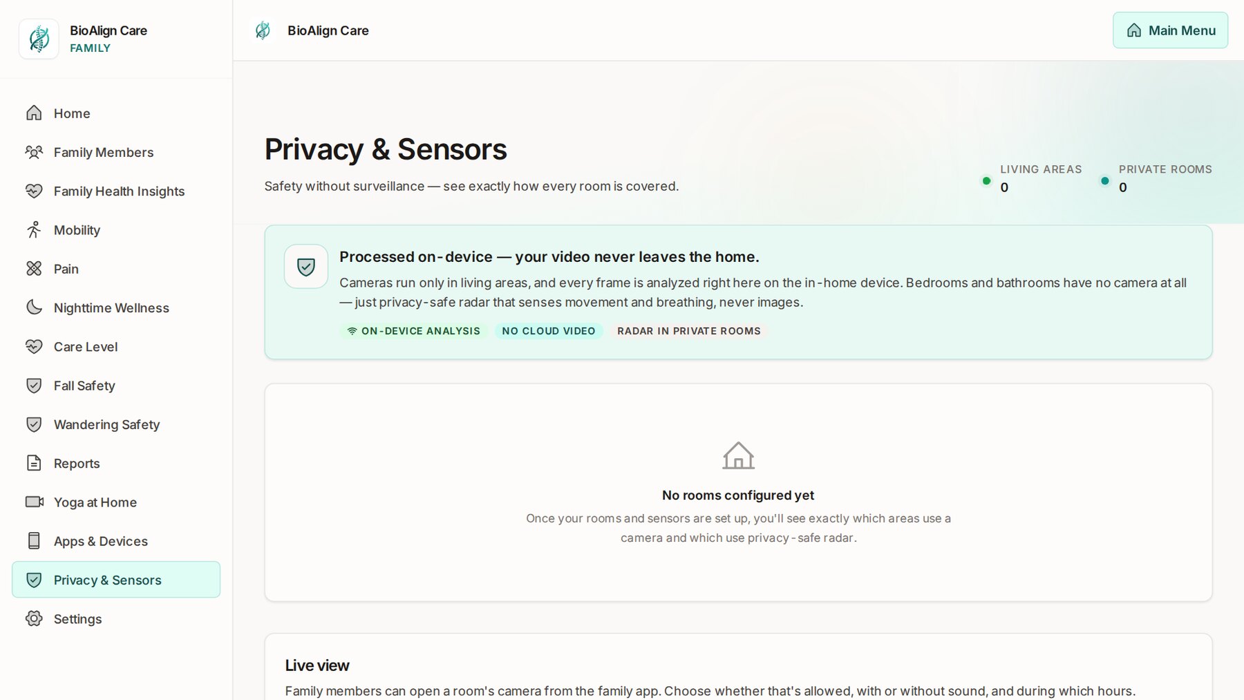 Privacy and Sensors: processed on the device, radar in private rooms, live view settings
