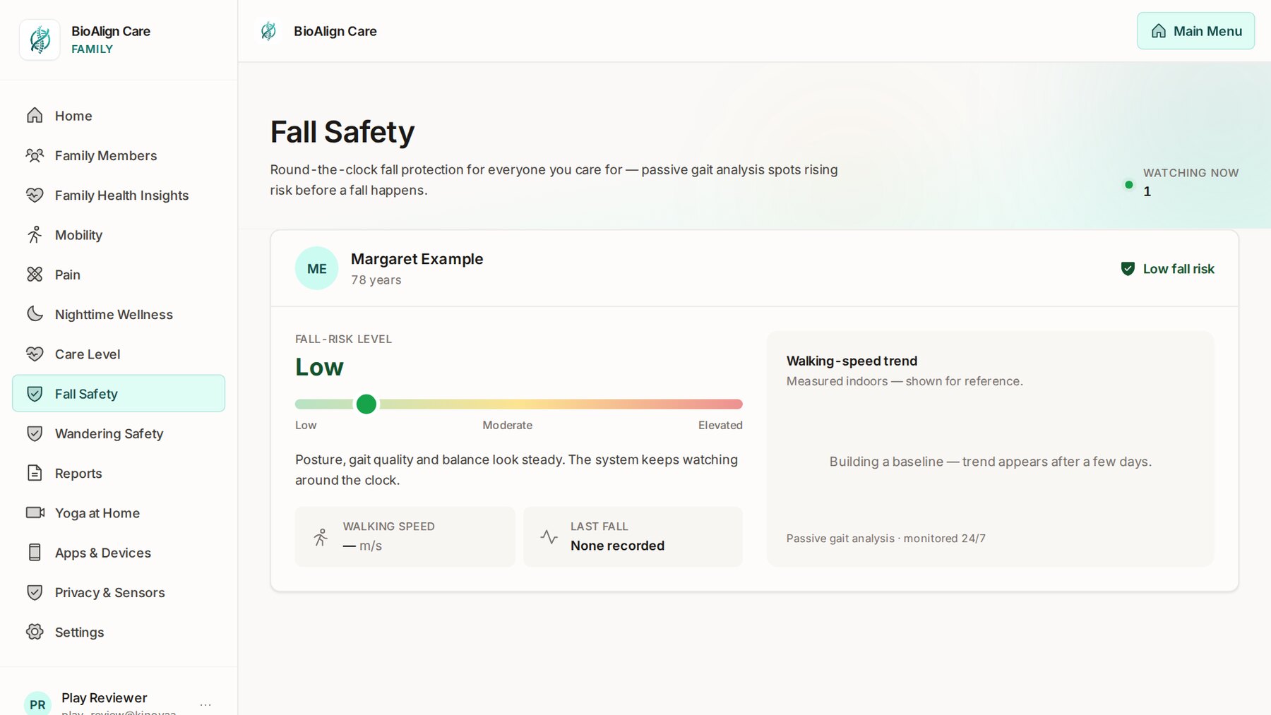 Fall Safety: fall-risk level, posture, gait and balance, and a baseline being built