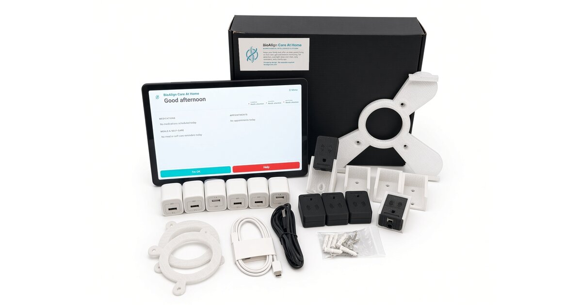The BioAlign Care At Home kit: tablet, sensors, mounts and chargers
